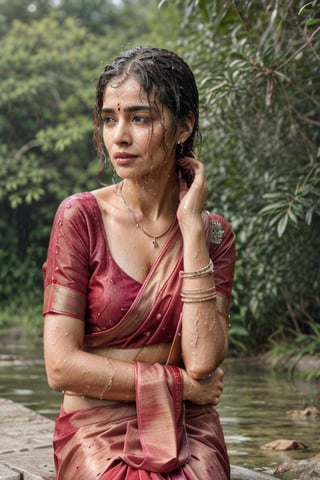 fashion photography portrait of 1girl, offshoulder, fluffy long hair, soft light, rim light, beautiful shadow, low key, (photorealistic, raw photo:1.2), (), hyperrealism, ultra high res, 4K, Best quality, masterpiece, necklace, (cleavage:0.8), in the dark,Saree, full pic, amazing background,  ((wet clothes, wet hair, sitting in water, face focused, skin pores, blouse, saree, detail face)),wet hair,girl wearing indian saree