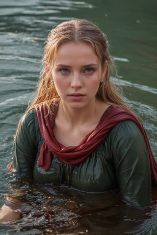 (wet clothes, wet hair, wet, wet face, wet skin,  : 1.4 ),(Chiaroscuro Solid colors background),( Beautiful wet German queen ),(greater details in definitions of face and eyes), (realistic and detailed wet skin textures), (extremely clear image, UHD, resembling realistic professional photographs, film grain), beautiful wet blonde hair,beautiful blue iris, ((wearing Baroque-style crimson dirndl ballgowns, royal cloak, clothes with vibrant colors, holding a shawl on hand, submerge,  hugging, very wet drenched hair, wet face:1.2)), infused with norwegian elements. The dress combines intricate lace and embroidery with colorful ballgown-inspired patterns. A wide obi belt cinches her waist, while puffed sleeves and delicate accessories complete the look, showcasing a striking fusion of cultures.,ct-drago
.
, soakingwetclothes, wet clothes, wet hair, Visual Anime,art_booster,anime_screencap,fake_screenshot,anime coloring