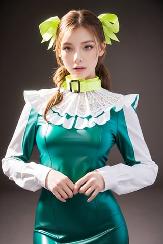 32k sexy female models , Huge breasts, Blue eyes, twintails blonde hair ,Gold Jewelry, High resolution , Upper body, No background, Studio Lightning ,Wearing lime green latex aid dress with lots of frills and ribbons, (closed collar long-sleeved blouse with frilled and ribbon:1.2), lace, apron, headdres