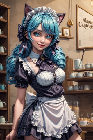 (Masterpiece, best quality:1.4),solo_female,girl,maid_outfit, coffee shop,cat_ears,happy_face ,cyan_hair 