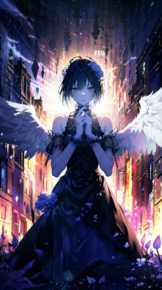 [[[1girl:0.7]]], (fallen angel), angel wing, [[light eyes]],random color, sickness ART, break, Craft an image of a delicate, ethereal anime character with a softer contrast. creating a sense of depth without harshness. Her eyes, drawn with the fragility of pencil strokes, convey a wistful, ephemeral quality, as if they might vanish at a moment's notice. The attire, inspired by gothic fashion, is rendered in lighter tones to maintain the delicate theme, with textures suggested by the lightest touch of the artist's hand, rather than defined by stark lines.