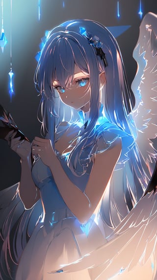 [[[1girl:0.7]]], (fallen angel), angel wing, [[light eyes]], Blue crystal, Blue color ,