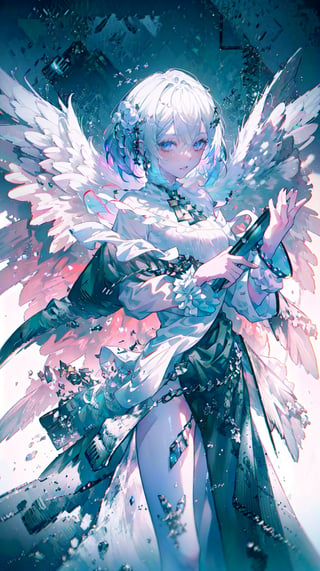 [[[1girl:0.7]]], (fallen angel), angel wing, [[light eyes]],random color, sickness ART, break, Craft an image of a delicate, ethereal anime character with a softer contrast. creating a sense of depth without harshness. Her eyes, drawn with the fragility of pencil strokes, convey a wistful, ephemeral quality, as if they might vanish at a moment's notice. The attire, inspired by gothic fashion, is rendered in lighter tones to maintain the delicate theme, with textures suggested by the lightest touch of the artist's hand, rather than defined by stark lines.