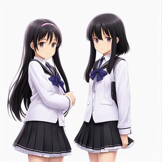 (masterpiece, best quality:1.2), 2girl, solo, homura, white background, simple background, school uniform, extremely detailed
