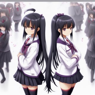 (masterpiece, best quality:1.2), 2girl, solo, homura, white background, simple background, school uniform, extremely detailed
