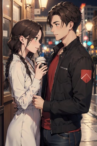 Romantic couple out on coffee date, happy, warm, lovely, sweet, beautiful, Woman (braided black hair, brown eyes), BREAK Handsome muscular Man (Brown hair, green eyes, flat chin)