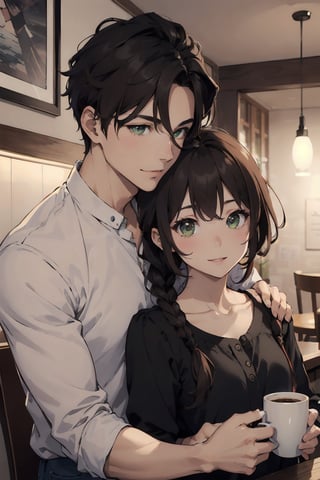 Romantic couple out on coffee date, happy, warm, lovely, sweet, beautiful, Woman (braided black hair, brown eyes), BREAK Handsome muscular Man (Brown hair, green eyes, flat chin)