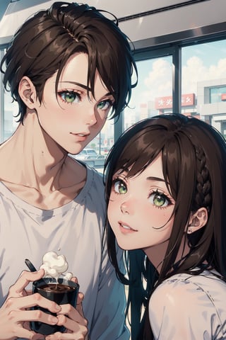 Romantic couple out on coffee date, happy, warm, lovely, sweet, beautiful, Woman (braided black hair, brown eyes), BREAK Handsome muscular Man (Brown hair, green eyes, flat chin)