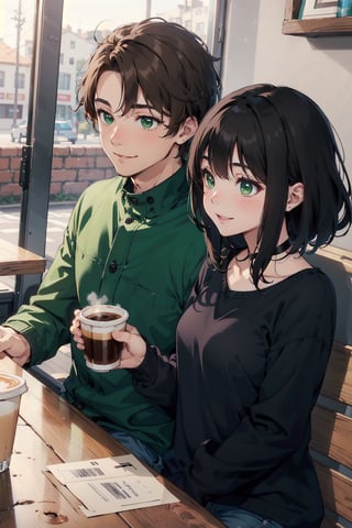 Romantic couple out on coffee date, happy, warm, lovely, sweet, beautiful, Woman (black hair, hazel eyes), Man (Brown hair, green eyes, flat chin)