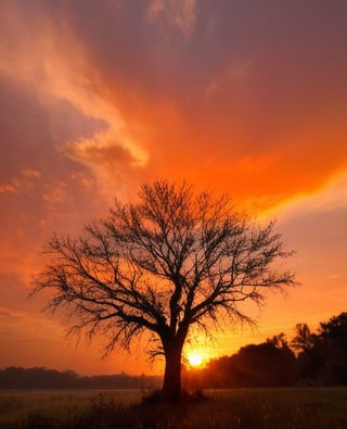 A serene outdoor scene at sunset: a majestic tree stands tall, its branches stretching towards the sky as the sun dips below the horizon. The cloudy sky is painted with hues of orange and pink, casting a warm glow on the landscape. The tree's silhouette against the vibrant sky creates a striking composition, inviting contemplation amidst nature's peaceful ambiance.