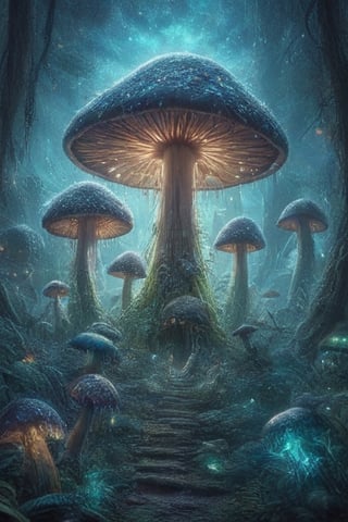 Iridescent mushroom forest, threatening, aliens, extremely detailed, , horror, gore, terror, fear, hopelessness, despair, Fujichrome Provia 100F, F/8, RTX, photolab,more detail XL,glitter,style