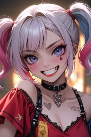 HarleyQuinn1024, masterpiece, ultra-detailed, solo,upper body,big grin ,open mouth,psycho look cute,anime,score_9_up