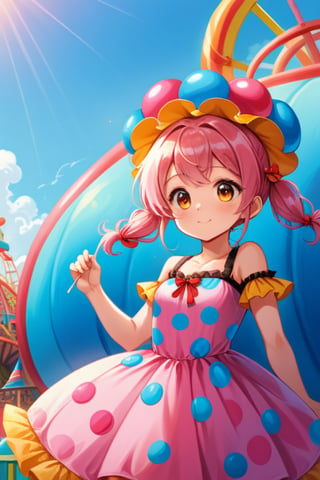 A young girl, resplendent in a candy-themed costume, with a lollipop hat and gumball-patterned dress, stands proud amidst the vibrant hues of an amusement park. Her bright pink hair styled in pigtails, she grasps a giant stuffed animal as the warm sunlight casts a golden glow on her joyful face.