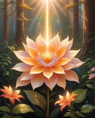 A majestic flower blooms at the heart of the forest, surrounded by lush greenery, as warm golden light pours in from above, illuminating delicate petals that shimmer with iridescent hues. Soft pink and bright yellow tones gradate into fiery orange, forming a mesmerizing celestial display that fills the frame, drawing the viewer's gaze to the flower's radiant beauty.
