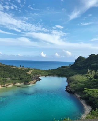 A serene oceanside scene: a cloudy sky with wispy clouds stretching across the horizon, reflecting off the calm turquoise waters below. A winding road disappears into the distance, flanked by lush greenery and rocky outcroppings, as far as the eye can see.