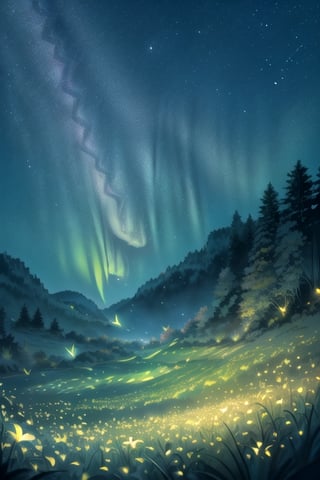 Masterpiece, ultra detail, high quality, 8k,wallpaper, beautiful meadow, various kinds of flowers, with the best star gazing view, beautiful night sky, stars that have a breath taking pattern, shooting stars, aurora, ,firefliesfireflies,night sky