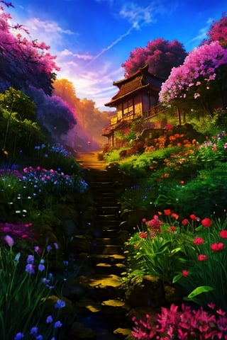 High detailed  , picture of the most beautiful nature city, buildings are made of green beautiful plants, area is surrounded by various flowers, multi colored sky, light rays ,mysticlightKA, full view, at dawn ,ninjascroll