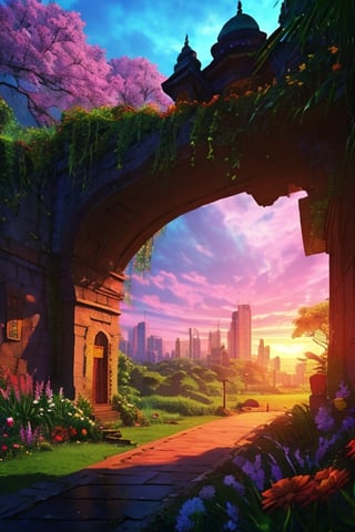 High detailed  , picture of the most beautiful nature city, buildings are made of green beautiful plants, area is surrounded by various flowers, multi colored sky, light rays ,mysticlightKA, full view, at dawn ,Isometric_Setting