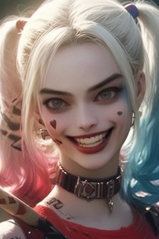 HarleyQuinn1024, masterpiece, ultra-detailed, solo,upper body,big grin ,open mouth,psycho look cute,anime,score_9_up