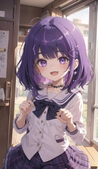 Details++,1girl, loli,,solo,purple bright eyes,purple multicolored_hair,short wavey hair,bangs,hair ornaments,jewelry, school uniform,smile,open mouth,cute_fang,upper body,high resolution 