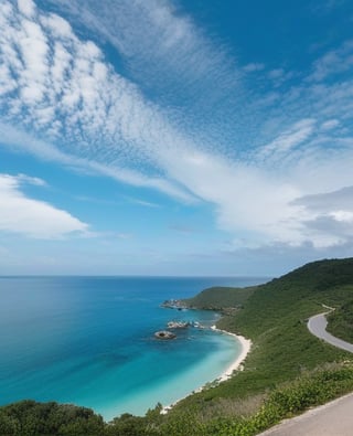 A serene oceanside scene: a cloudy sky with wispy clouds stretching across the horizon, reflecting off the calm turquoise waters below. A winding road disappears into the distance, flanked by lush greenery and rocky outcroppings, as far as the eye can see.