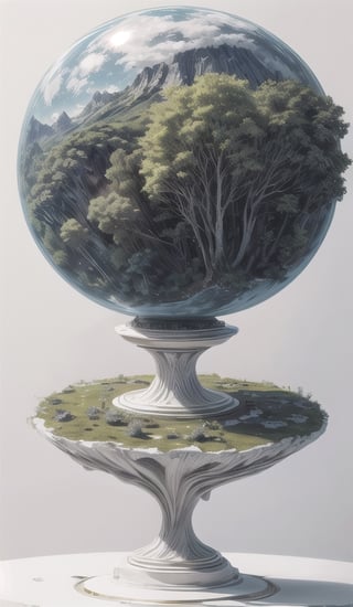 (best quality), (4k resolution), creative illustration of a miniature world on a white pedestal. The world is a green sphere with various natural and artificial elements. There is a river, trees, mountains, and a small house on the sphere. The image has a minimalist style with a light color palette that creates a contrast with the white background