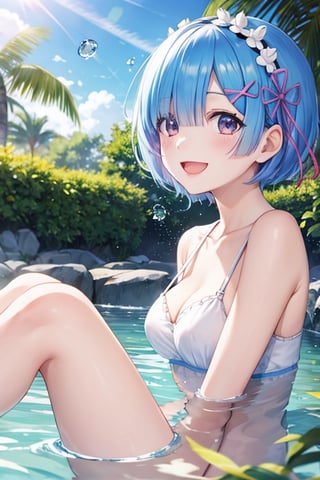 Rem , smiling, open mouth, water droplets, splash, playing in rever, sunny day ,sparkling, plants,  , close view, high quality, anime,nayutaren