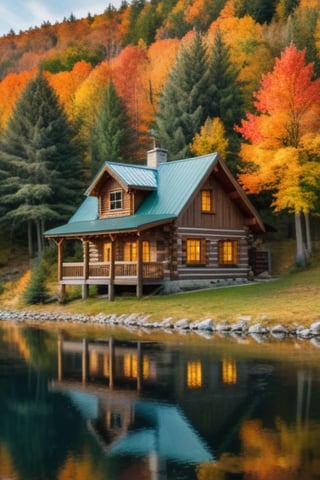 Cozy cabin,in the woods, surrounded by autumn trees, beautiful, aesthetic view, high quality, Masterpiece 