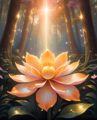 A majestic flower blooms at the heart of the forest, surrounded by lush greenery, as warm golden light pours in from above, illuminating delicate petals that shimmer with iridescent hues. Soft pink and bright yellow tones gradate into fiery orange, forming a mesmerizing celestial display that fills the frame, drawing the viewer's gaze to the flower's radiant beauty.