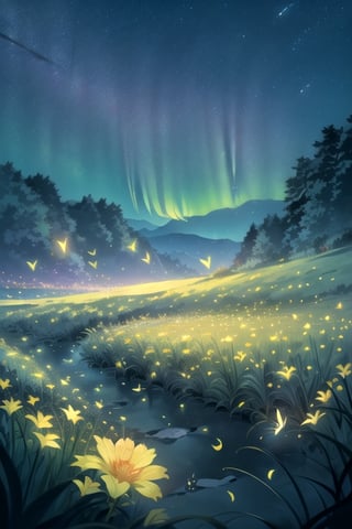 Masterpiece, ultra detail, high quality, 8k,wallpaper, beautiful meadow, various kinds of flowers, with the best star gazing view, beautiful night sky, stars that have a breath taking pattern, shooting stars, aurora, ,firefliesfireflies,night sky