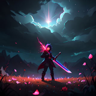 masterpiece, best quality, light particle, depth of field, field, scenery, fantasy, blue light, (far away:1.1), no humans, pastel colors, chromatic aberration abuse, glow in the dark
dark ,cloudy sky, space, red aura, aura, cinematic, dark atmosphere, night , dark hole, glowing eyes, red light, illumination, sword, floating object, monster, fighting stance, light rays, 
eye in the sky, (grass:0.9), falling petals,
