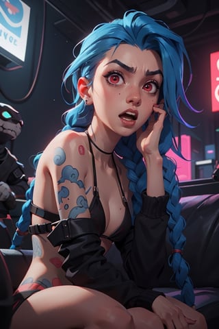 1girl, blue braid hairs, devil red eyes, wearing black bikini aside,high res, ultrashrap, 8k, masterpiece looking at viewer.     ,a_line_haircut, hand on own face, surprised, open mouth,JinxLol,full body, cyberpunk