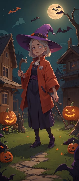 (((a beautiful witch female)) is standing outside in front of a house at night near the grass and path, ((endearing)),((Halloween)), maikage, polycount, Kishi Ganku, Isekai, symbolism, anime, ((complex_background)),