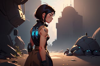 a cyborg girl, battle angel alita, black turtle neck tank top, long brown coat, glowing, (art by Ilya Kuvshinov) shadow, dramatic lighting (masterpiece, best quality ), , scenery,z1l4,asian girl,Back View