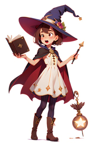  1girl, wand, hat, solo, witch hat, book, brown hair, witch, boots, cape, open mouth, short hair, holding wand, pantyhose, flower, simple background, full body, white background, striped, dress
