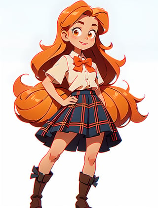European and American cartoon, original character design, hand drawing, 1girl, solo, long hair, skirt, boots, orange hair, plaid skirt, bow, white background, simple background,