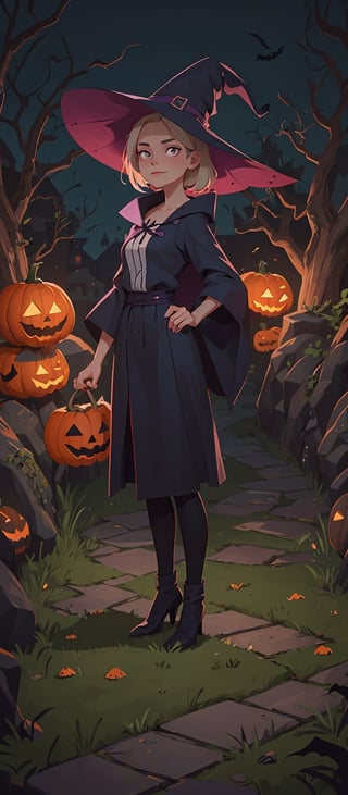 (((a beautiful witch female)) is standing outside in front of a house at night near the grass and path, ((endearing)),((Halloween)), maikage, polycount, Kishi Ganku, Isekai, symbolism, anime, ((complex_background)),