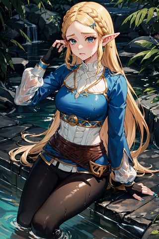 aazelda, super long hair, hair cascading to waist, pointy ears, blue shirt, long sleeves, fingerless gloves, black gloves, black pants, tight pants, completely soaked wet, soakingwetclothes, dripping wet, wet hair, sad facial expression, blue nails, swimming, sitting in the water, crying