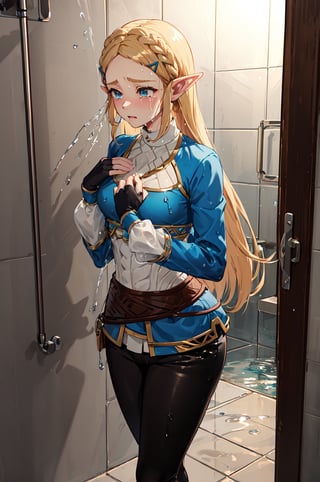 aazelda, very long hair, pointy ears, blue shirt, long sleeves, fingerless gloves, black gloves, black pants, tight pants, completely soaked wet, soakingwetclothes, dripping wet, wet hair, sad facial expression, blue nail, crying, under shower, 