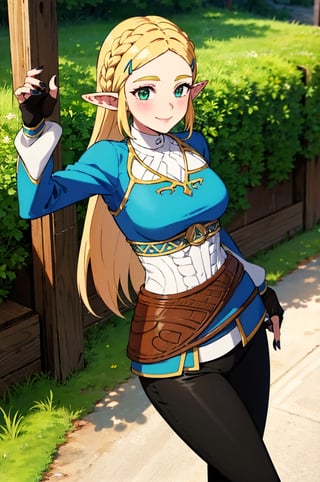 aazelda, super long hair, hair cascading to the waist, pointy ears, blue shirt, long sleeves, fingerless gloves, black gloves, black pants, tight pants, blue nails, looking at the camera smile, blushing