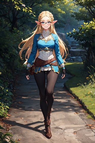 aazelda, super long hair, hair cascading to the waist, pointy ears, blue shirt, long sleeves, fingerless gloves, black gloves, black pants, tight pants, blue nails, looking at the camera smile, blushing, black clear-rimmed glasses, mid-calf boots, full body picture 