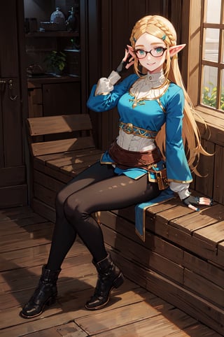 aazelda, super long hair, hair cascading to the waist, pointy ears, blue shirt, long sleeves, fingerless gloves, black gloves, black pants, tight pants, blue nails, looking at the camera smile, blushing, black clear-rimmed glasses, mid-calf boots, full body picture 