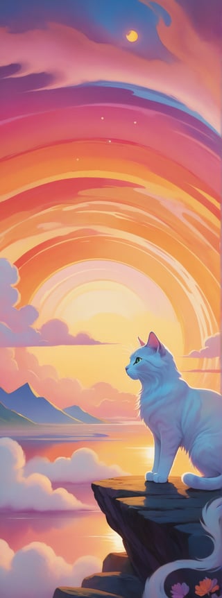 A majestic feline behemoth emerges from a swirling vortex of colors, reminiscent of a Ghibli-esque sunset. The cat's plush fur shimmers in iridescent hues, as if infused with the essence of the Niji-style bridge's ethereal glow. Its piercing gaze surveys the scene, surrounded by wispy clouds and vibrant brushstrokes, evoking a sense of whimsy and wonder.