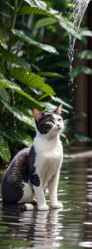 a drenched cat, water splashing, wet cat, rainbow, raining