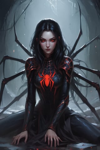 Spider Queen crouches low to the ground, her human upper torso and striking features illuminated by a dimly lit, crimson-hued spotlight. Her long, raven-black hair cascades down her back like a waterfall of night. The lower half of her body, a terrifying spider form, is cloaked in shadows, its eight legs coiled and ready to strike.

Her eyes, pools of dark, gemstone-like beauty, seem to bore into the soul as she waits patiently for her next victim. A sprinkle of freckles adds a touch of subtle humanity to her otherwise monstrous visage. The air around her appears heavy with anticipation, as if the very atmosphere itself is charged with malevolent intent.

In the background, dark, crimson-hued walls seem to blend seamlessly into the night, creating an eerie, cinematic stillness. The only sound is the soft hum of tension, like the quiet buzz of a spider's web waiting to ensnare its prey.