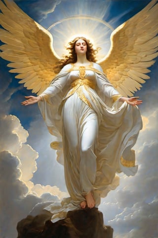 A baroque style painting of a majestic angel, draped in flowing white robes, stands poised on a cloudy precipice, surrounded by swirling mist and shafts of golden light. The angel's delicate features are illuminated from above, while the surrounding atmosphere is bathed in soft, diffused luminescence. The composition is balanced by the gentle curvature of the clouds, drawing the viewer's eye upward to the celestial subject.
