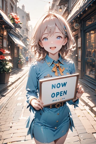 Masterpiece, beautiful details, perfect focus, uniform 8K wallpaper, high resolution, exquisite texture in every detail,
((Fisheye photo: 1.3)) 1girl, cute blue dress, holding a white sign. Her signboard reads (((text "Now open" text))) standing on a pavement. Blue eyes, clear deep eyes, smile, happy, open mouth, (cowboy girlfriend shot: 1.5), direct sunlight, ((hibiscus flowers)), bright lighting and bokeh. (Photorealistic: 1.3), Vignette, Top Quality, Detailed and Complex, Original Shot, gbaywing, Detailed XL, Euphoric Style, Text, Masterpiece