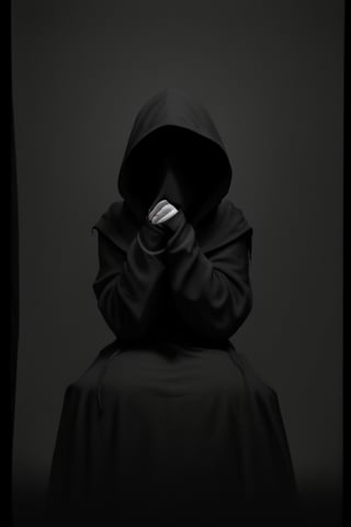 A hooded figure, shrouded in darkness, sits with their hands clasped in front of their face, their expression hidden, a sense of mystery and intrigue hangs in the air.  [Digital art, photorealistic, reminiscent of the work of Gregory Crewdson, with a touch of the dark realism of Edward Hopper], [Deep shadows, stark contrast between the figure and the background, a single spotlight illuminating the figure, muted color palette of grays and blacks, a sense of depth and texture in the fabric of the hoodie]