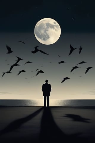 A solitary figure stands silhouetted against a backdrop of a full moon and a flock of birds in flight, a sense of loneliness and contemplation pervades the scene.  [Digital art, photorealistic, reminiscent of the work of Edward Hopper, with a touch of the surrealism of Salvador Dali], [A dramatic contrast between light and shadow, the moon casting a soft glow on the figure and the birds, the sky is a deep black, a sense of depth and texture in the clouds and the birds' feathers]