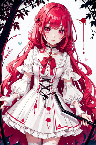 1girl, girly creepy vibe, creepycute, red hair, morute, pink cutesy, CREEPY, magical girl, bloody, white dress covered in blood, holding a magical girl staff covered in blood